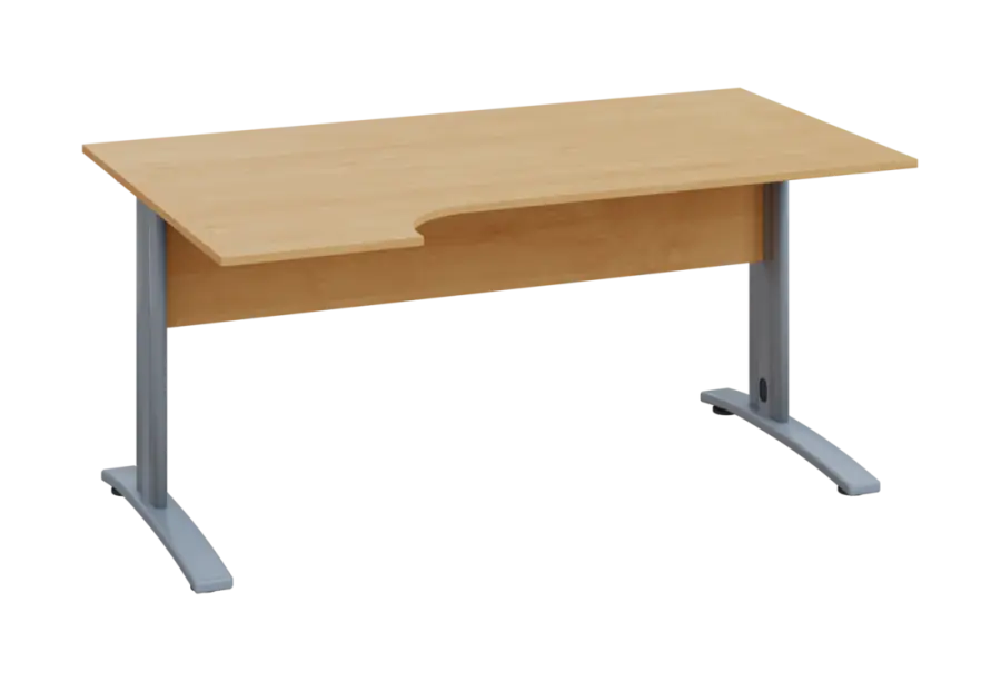 ERK 18 - 164 stůl kancelářský, rohový, levý, kovová podnož stříbrná, deska 18 mm, široký 1600 mm, javor horský